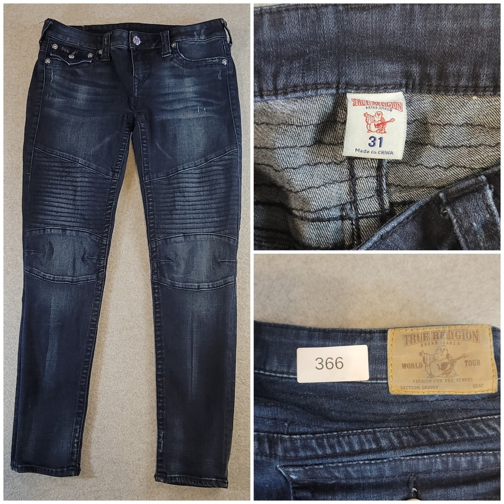 True Religion Womens Moto Skinny Jeans Dark Wash Ribbed Knee Size 31 Distressed